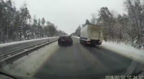 Dipsh*t SUV Driver Overtakes, Swerves, And Flips Over Box Truck