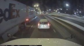 Prius Driver Cuts Off A Semi Truck And Gets Taught A Hard Lesson