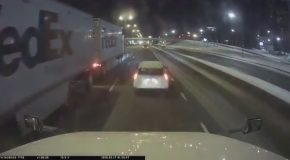 Prius Gets Bounced Around by Two Trucks