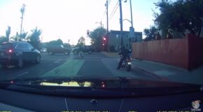 Motorcycle Rips Bumper Off Car