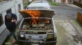 Man Rushes to Put out Fire Coming from Car