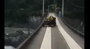 ATV Rider Hits Bump On Bridge Gets Thrown Into Rapids Below