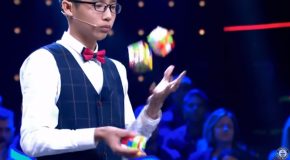Guy Solves Three Rubik’s Cubes While Juggling Them!