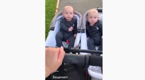 Two Little Boys Stare At Woman, Smile!