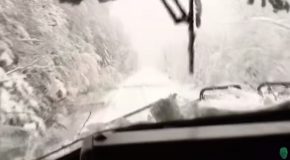 Train Passes Through Fallen Trees After A Snow Storm