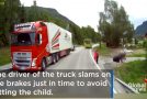 Truck Stops Barely In Time To Avoid Hitting A Child