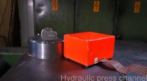 Crushing black box and pacemaker with hydraulic press