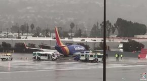 Southwest Plane Rolls Off the End of Runway at Burbank Airport