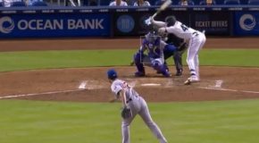 Lewis Brinson and Home Plate Umpire Hit by Pitch