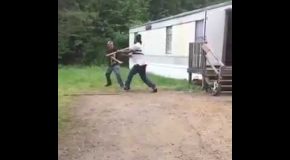 Guy Picks a Fight and Gets a Timber Tie Broken Over His Head