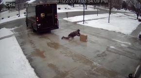 UPS Delivery Guy Delivering On An Icy Driveway