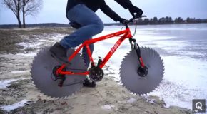 Bicycling On Ice With Circular Saw Blade Wheels!