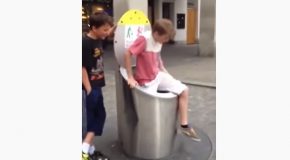Kid Gets Inside Trashcan, Falls Through