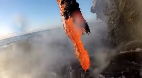 Close Up Footage Of Volcanic Lava Entering The Ocean!