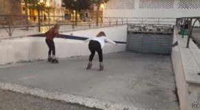 Rollerblading Woman Slams Straight Into Garage Door!