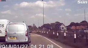 Speeding Van Misses A Turn And Jumps Over A Divider