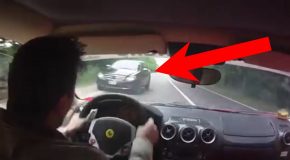 Guy test driving a Ferrari almost crashes it