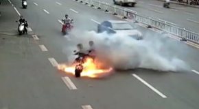 Electric two-wheeler catches fire on the street