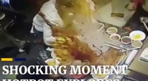 Waitress tries taking a lighter out of a hotpot; the hotpot explodes