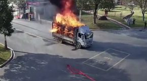 Fast acting driver takes a burning fire truck to a fire station