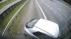 Lorry crashes into a car and keeps pushing it