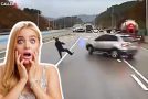 Man dodges car after car in a highway car pileup