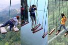 People getting scared of crossing a really tall bridge