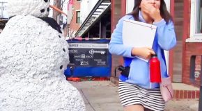 Moving snowman prank in public scares people