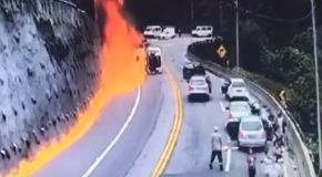 Container truck carrying fuel crashes and explodes into a fireball