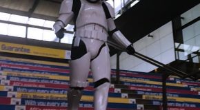 Stormtrooper takes a tumble down a flight of stairs