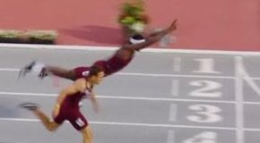 Infinite Tucker, the hurdler, dives right over the finish line and wins