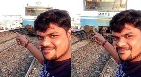 Famous moment of an Indian man getting hit by a train while taking a selfie