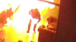 Arsonist In The Act Of Destroying A Barber Shop Sets Himself On Fire