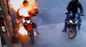 Motorcycle Bursts Into Flames At The Gas Station