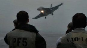 Pilot Attempts Carrier Landing During Storm