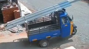 Autorickshaw Driver Carrying Metal Pipes Causes An Accident For A Passing Bus